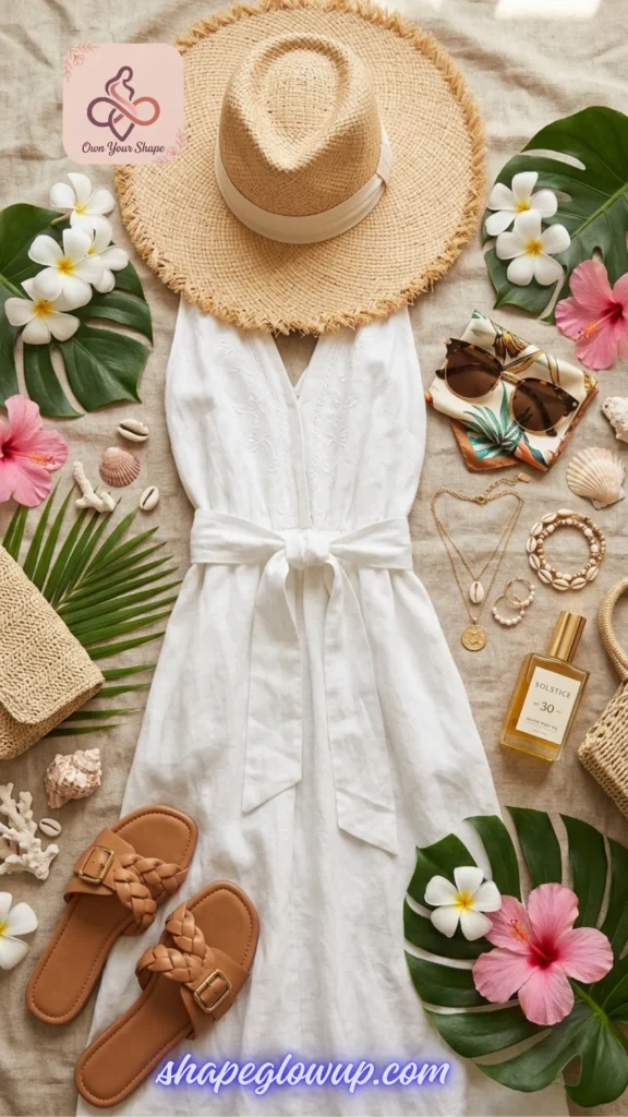 A breezy white beach dress with tropical accessories, part of the 7 Tight Dress 2026 Trends That Are Redefining Sexy resort collection.