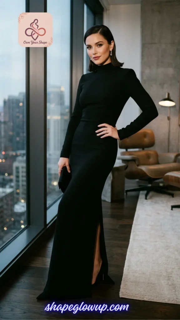 A model in a sophisticated black form-fitting dress, representing 7 Tight Dress 2026 Trends That Are Redefining Sexy for a city night out.