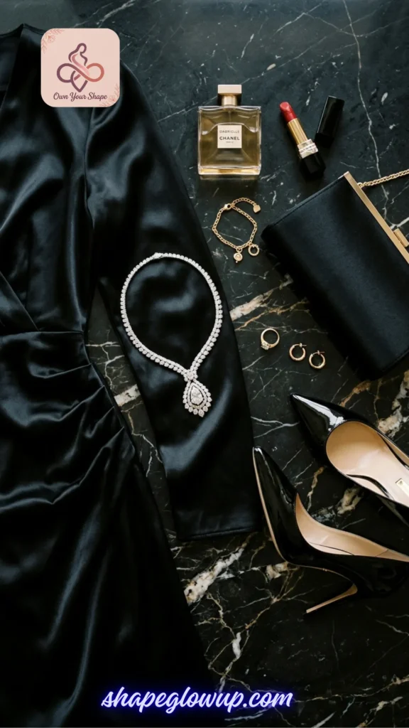 An elegant black satin evening dress with accessories, part of 7 Tight Dress 2026 Trends That Are Redefining Sexy for formal occasions.