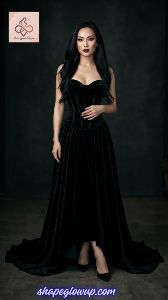 A woman modeling a luxurious black velvet corset gown for a 7 Vamp Romantic Wardrobe transformation.