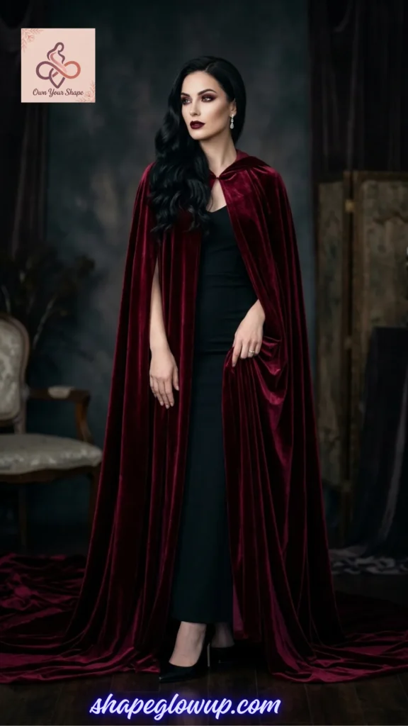 A woman draped in a rich, floor-length deep red velvet cape as part of a 7 Vamp Romantic Wardrobe.