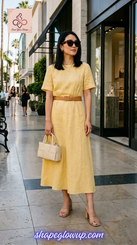 7 Virel Fashion USA 2026 Trends That Are Taking Over Right Now! - Woman wearing a butter yellow midi dress with a tan belt and heels representing minimal luxury.