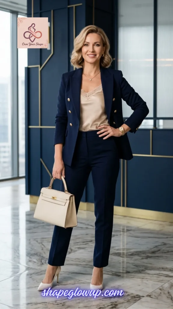 A sophisticated professional look representing Style Over 40: 5 Business Attire 2026 Must-Haves with a tailored navy power suit.