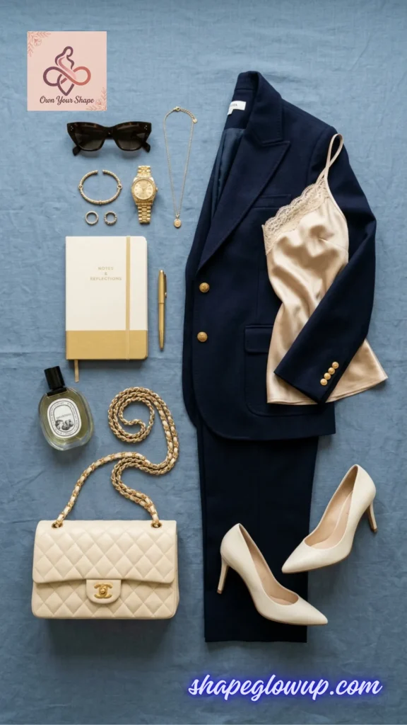 Flat lay curation showcasing a classic navy pantsuit and lace-trimmed camisole, perfect for Style Over 40: 5 Business Attire 2026 Must-Haves.