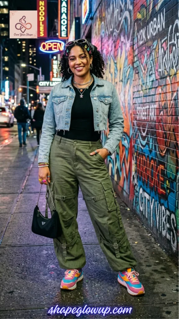 A stylish model posing in olive green cargo pants and a cropped denim jacket on a city street, inspired by The Ultimate Y2K Checklist: Baby Tees, Cargos & Mini Skirts.
