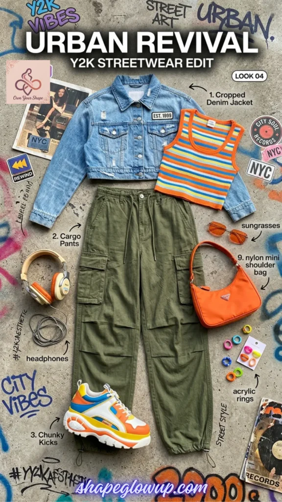 A flatlay of a cropped denim jacket, green cargo pants, a striped tank top, chunky kicks, and orange accessories to match The Ultimate Y2K Checklist: Baby Tees, Cargos & Mini Skirts.