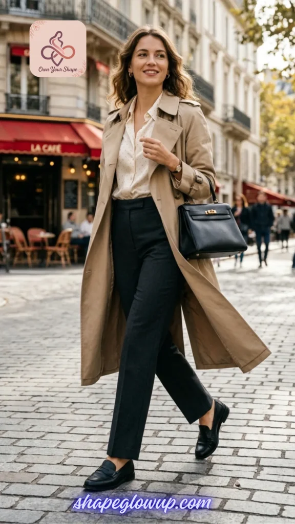 A stylish woman walking through a Parisian street, embodying 7 Tight Dress 2026 Trends That Are Redefining Sexy with a trench coat and professional attire.