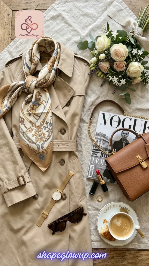 A flatlay featuring a classic beige trench coat and Parisian accessories, highlighting elements of 7 Tight Dress 2026 Trends That Are Redefining Sexy.