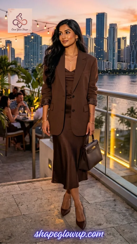7 Virel Fashion USA 2026 Trends That Are Taking Over Right Now! - Woman modeling a chocolate brown monochrome silk slip dress and blazer outfit.