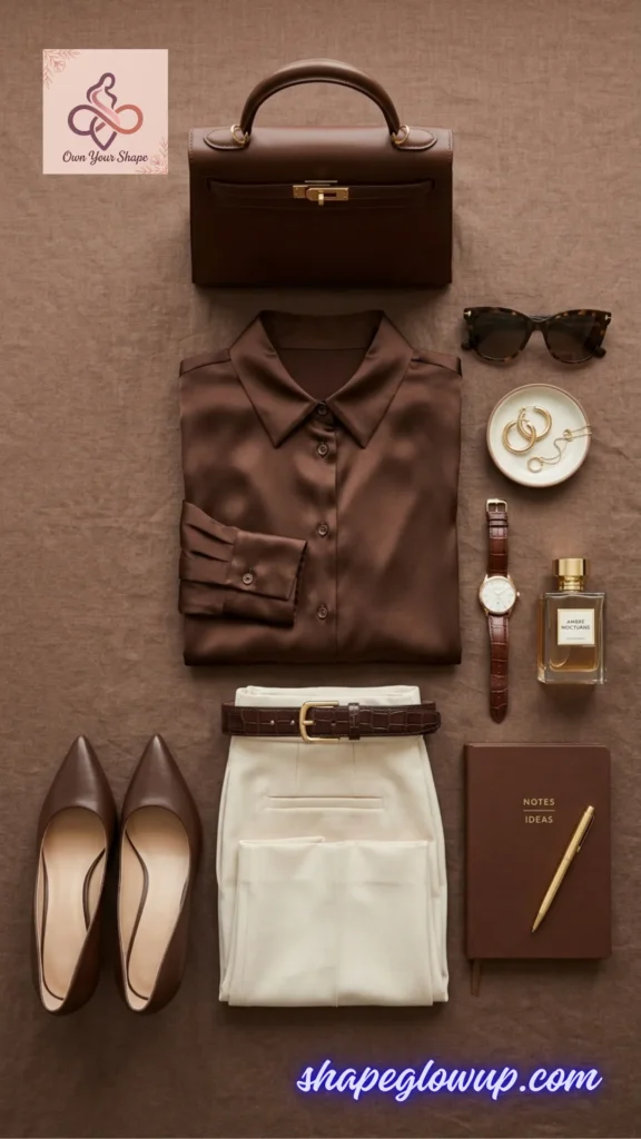 Warm monochrome flat lay highlighting Style Over 40: 5 Business Attire 2026 Must-Haves centered around rich chocolate tones.