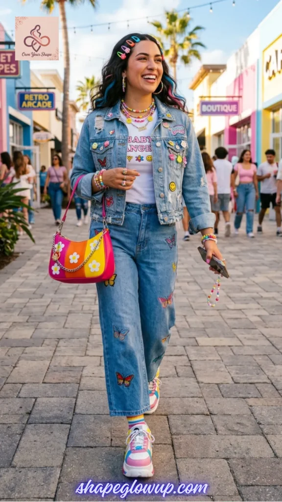 A smiling woman wearing a denim jacket with butterfly patches and matching jeans, holding a colorful bag, for The Ultimate Y2K Checklist: Baby Tees, Cargos & Mini Skirts.