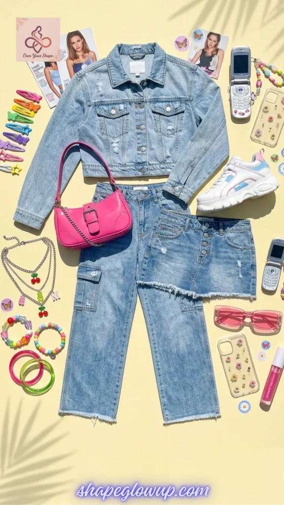 A flatlay featuring a denim jacket, a denim mini skirt, a bright pink shoulder bag, chunky sneakers, and various Y2K accessories like butterfly clips, perfect for The Ultimate Y2K Checklist: Baby Tees, Cargos & Mini Skirts.
