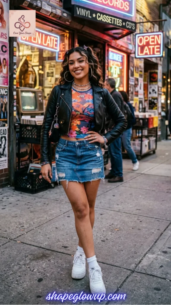 A model in a black faux leather jacket and denim mini skirt posing on a city street for The Ultimate Y2K Checklist: Baby Tees, Cargos & Mini Skirts.