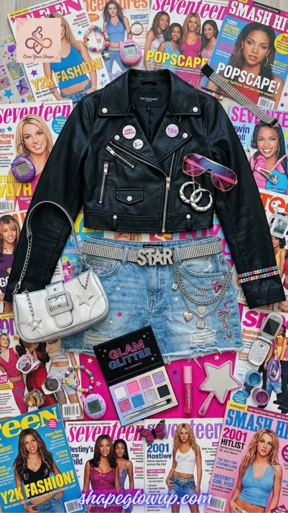 A black faux leather jacket and denim mini skirt flatlay on a background of vintage magazines, featuring Y2K makeup and jewelry for The Ultimate Y2K Checklist: Baby Tees, Cargos & Mini Skirts.