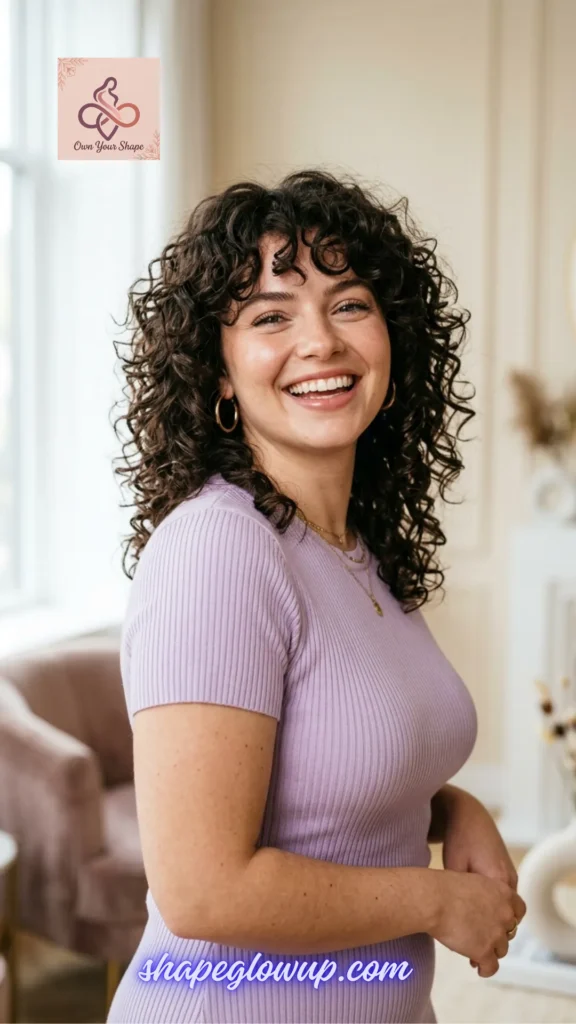 A happy woman with natural curls sporting a look from 2026 Hair Trends: 10 Wolf Cut Styles You'll Want to Try.