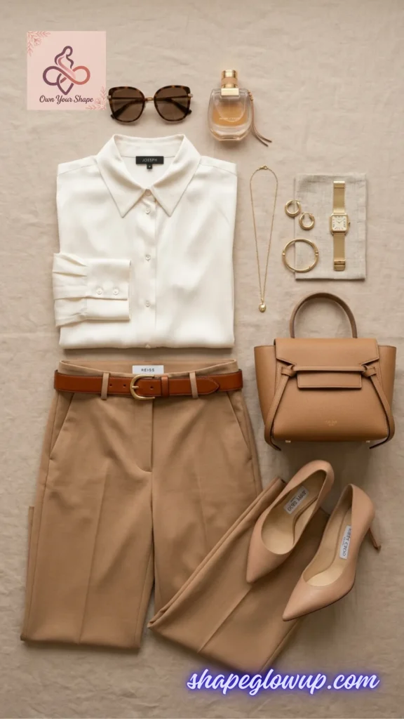 Flat lay of minimalist office wardrobe essentials highlighting Style Over 40: 5 Business Attire 2026 Must-Haves in warm neutral tones.