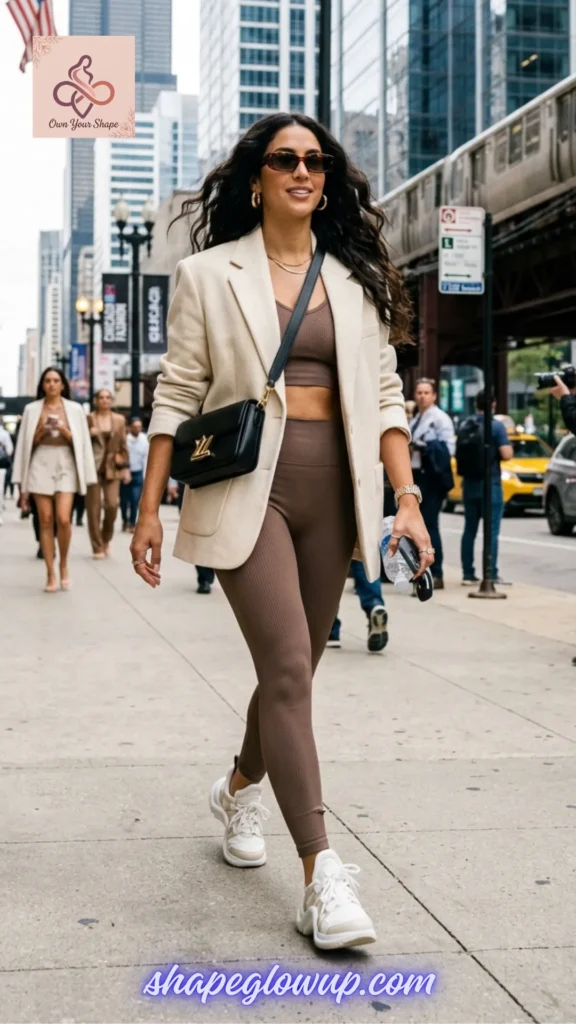 7 Virel Fashion USA 2026 Trends That Are Taking Over Right Now! - Woman walking in a city street wearing elevated sport luxe brown activewear and a blazer.