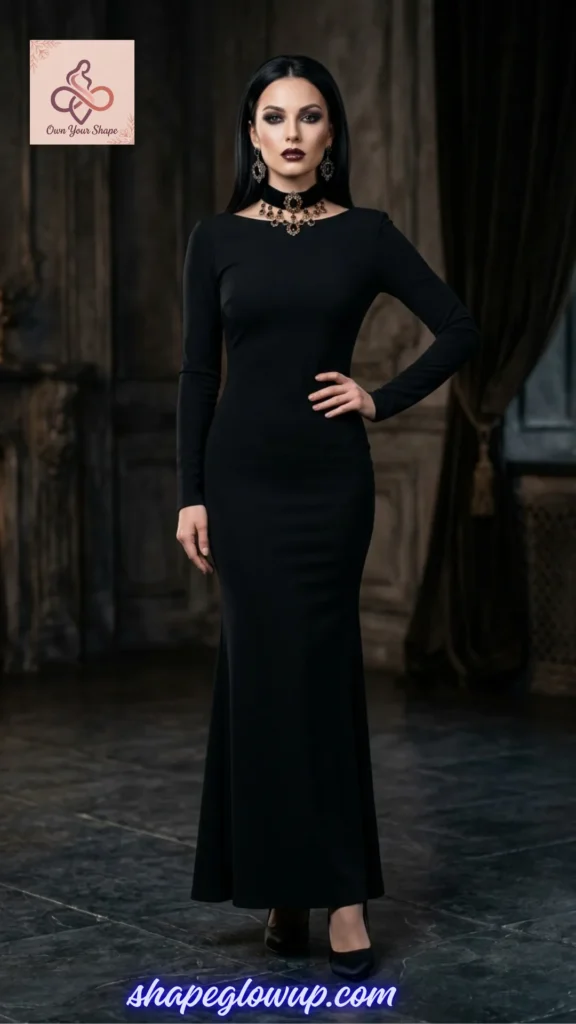 A model wearing a long-sleeved black maxi dress paired with a dark gothic choker for a vamp romantic look