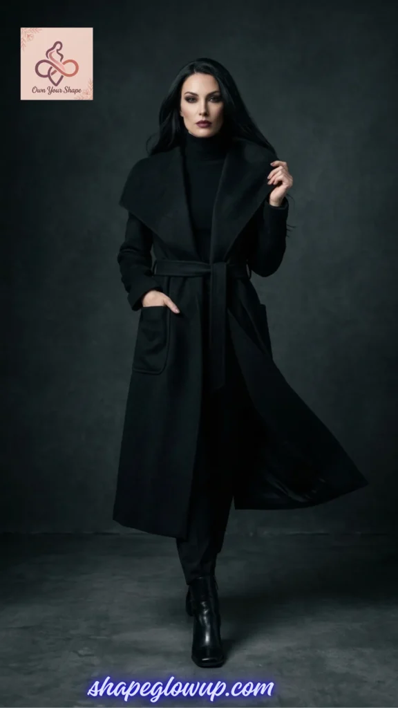 A woman modeling a belted, structured black wool coat for a 7 Vamp Romantic Wardrobe transformation.
