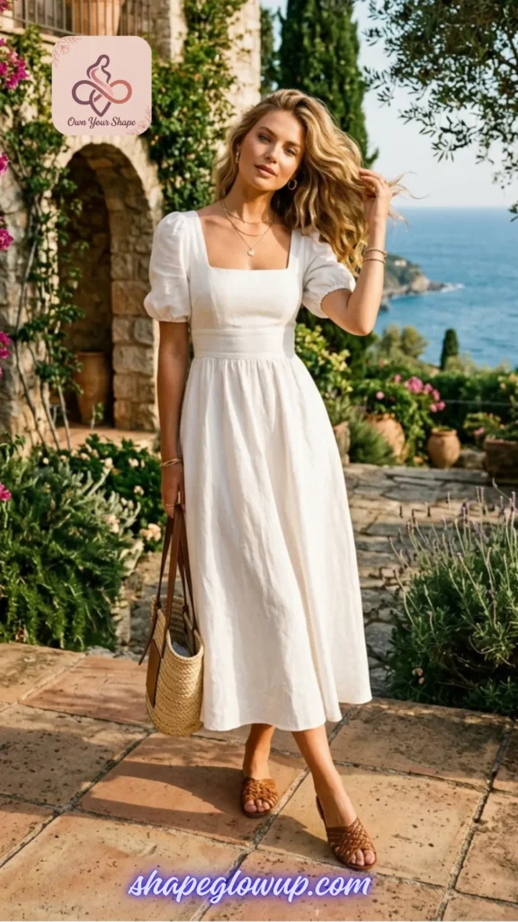 A woman in a white linen dress overlooking the Mediterranean, styled for 7 Tight Dress 2026 Trends That Are Redefining Sexy.