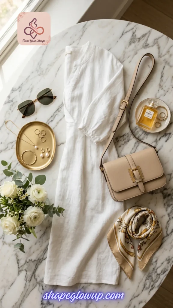 A white linen summer dress with gold accents, styled for 7 Tight Dress 2026 Trends That Are Redefining Sexy.