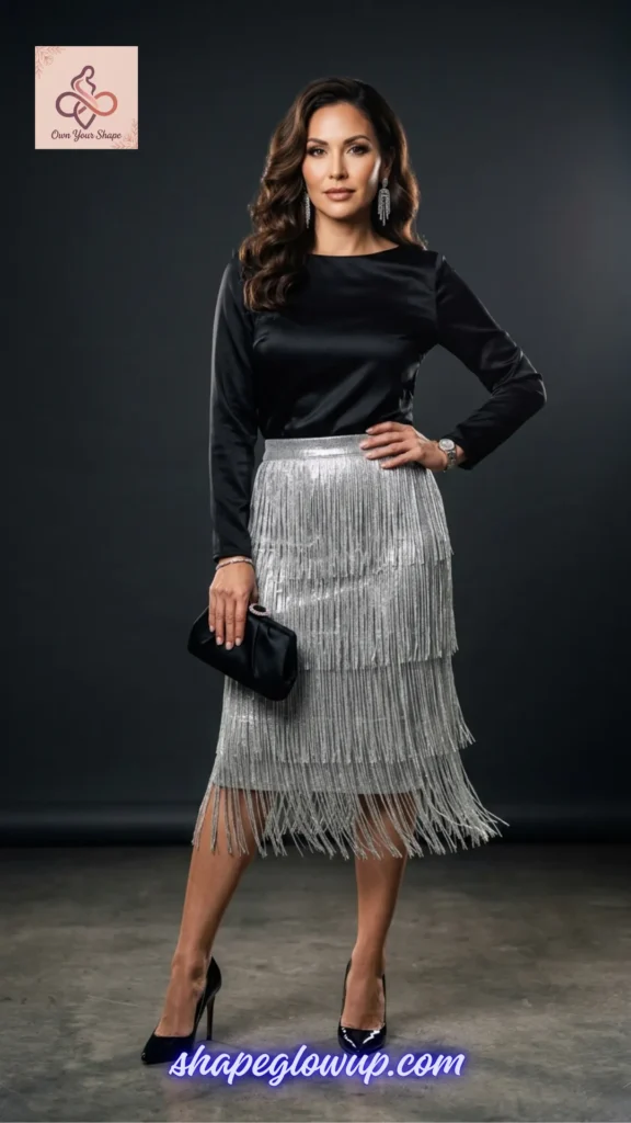 A striking evening fashion look from The ULTIMATE 2026 Style Goldmine: 40+ Looks You Can't Afford to Miss! featuring a woman in a metallic fringe skirt.