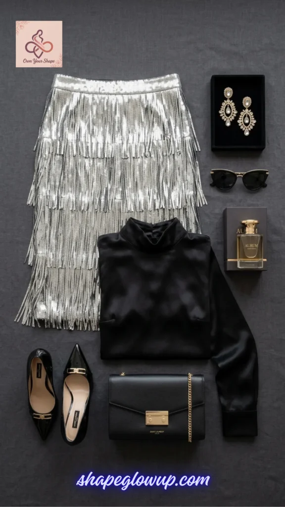 An evening wear flat-lay composition from The ULTIMATE 2026 Style Goldmine: 40+ Looks You Can't Afford to Miss! displaying a metallic fringe skirt flat-lay.