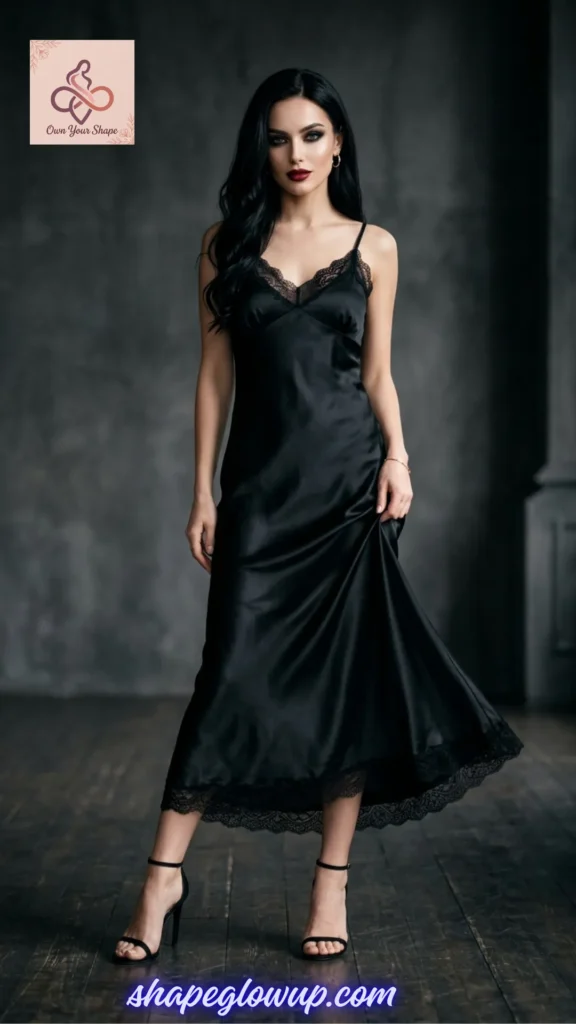 A woman wearing a delicate black silk and lace slip dress as a 7 Vamp Romantic Wardrobe essential.