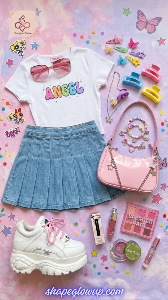 A flatlay of a white "ANGEL" baby tee, a pleated denim mini skirt, a pink handbag, and platform sneakers, ideal for The Ultimate Y2K Checklist: Baby Tees, Cargos & Mini Skirts.