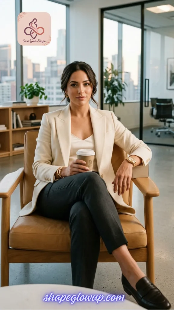 A professional woman in a crisp blazer and dark trousers embodying 7 Tight Dress 2026 Trends That Are Redefining Sexy in a modern office environment.