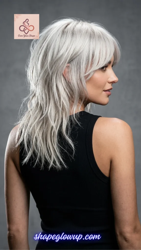 Over-the-shoulder back view of a bright blonde shag from 2026 Hair Trends: 10 Wolf Cut Styles You'll Want to Try.