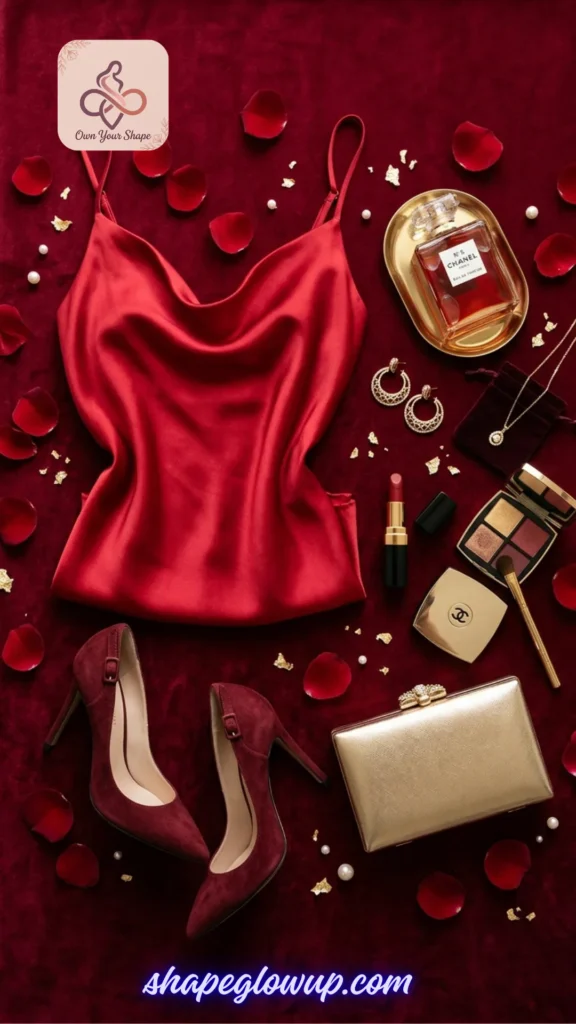 A luxurious red satin dress styled for 7 Tight Dress 2026 Trends That Are Redefining Sexy, accented with gold accessories and rose petals.