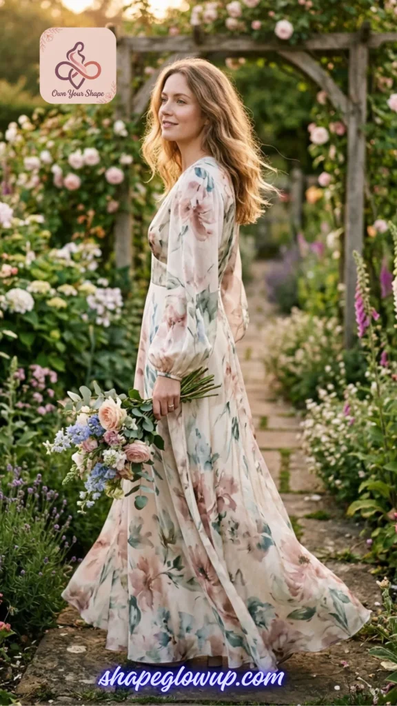A woman modeling a flowy, romantic floral dress as part of the 7 Tight Dress 2026 Trends That Are Redefining Sexy in a lush garden setting.