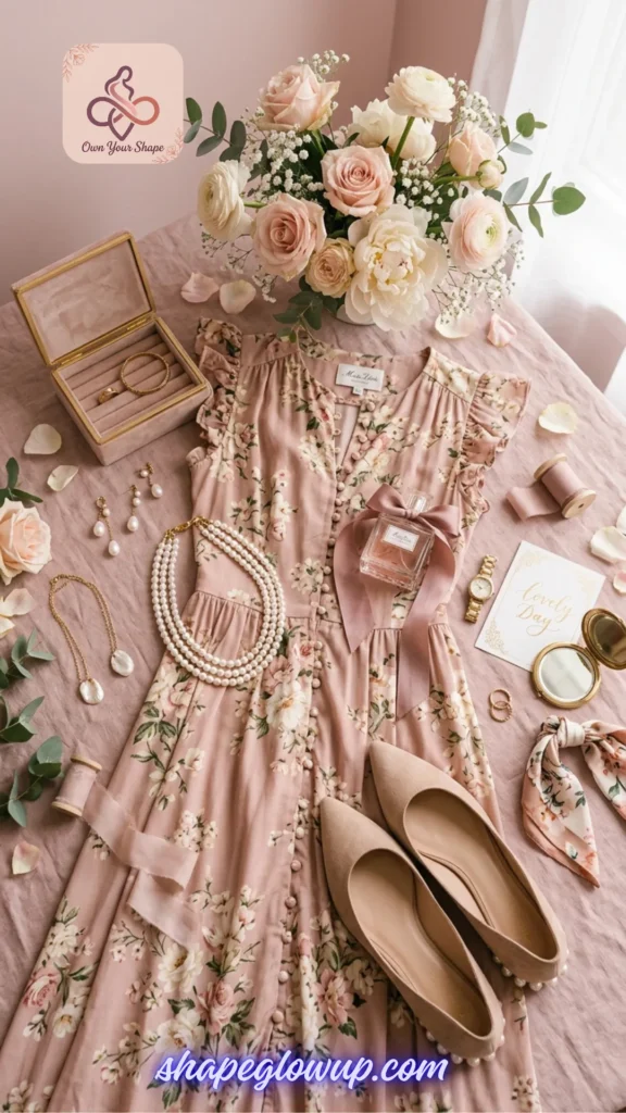 A romantic floral dress styled for 7 Tight Dress 2026 Trends That Are Redefining Sexy, featuring a blush pink palette with delicate pearls and floral accents.