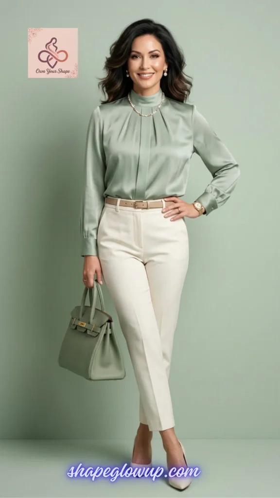 A fresh corporate color palette for Style Over 40: 5 Business Attire 2026 Must-Haves featuring a muted sage green satin blouse.
