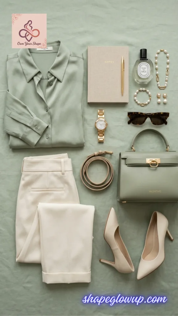 Sage green and ivory office wear flat lay showcasing Style Over 40: 5 Business Attire 2026 Must-Haves.