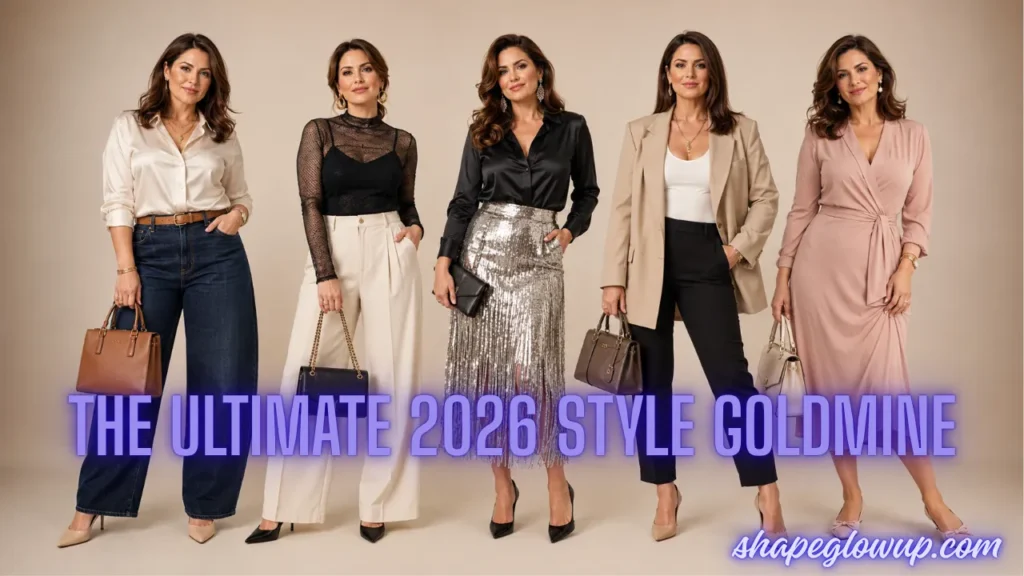 A collection of five chic women's outfits showcasing fashion trends from The ULTIMATE 2026 Style Goldmine: 40+ Looks You Can't Afford to Miss! banner graphic.