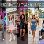 A composite image titled "The Ultimate Y2K Checklist: Baby Tees, Cargos & Mini Skirts" featuring seven different models showcasing various early 2000s-inspired outfits, including baby tees, denim skirts, cargo pants, and leather jackets.