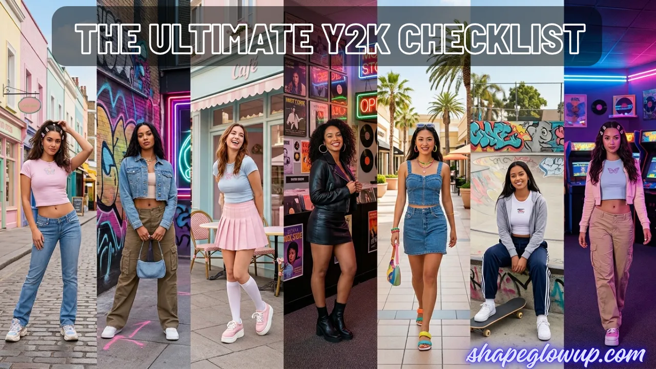 A composite image titled "The Ultimate Y2K Checklist: Baby Tees, Cargos & Mini Skirts" featuring seven different models showcasing various early 2000s-inspired outfits, including baby tees, denim skirts, cargo pants, and leather jackets.