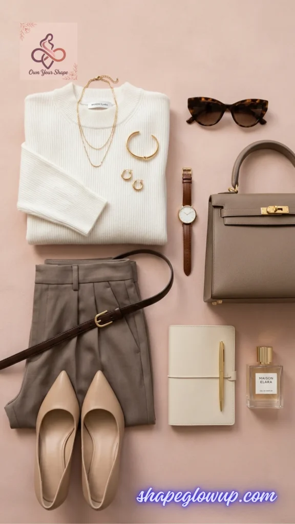 Minimalist cream and taupe professional clothing layout for Style Over 40: 5 Business Attire 2026 Must-Haves.