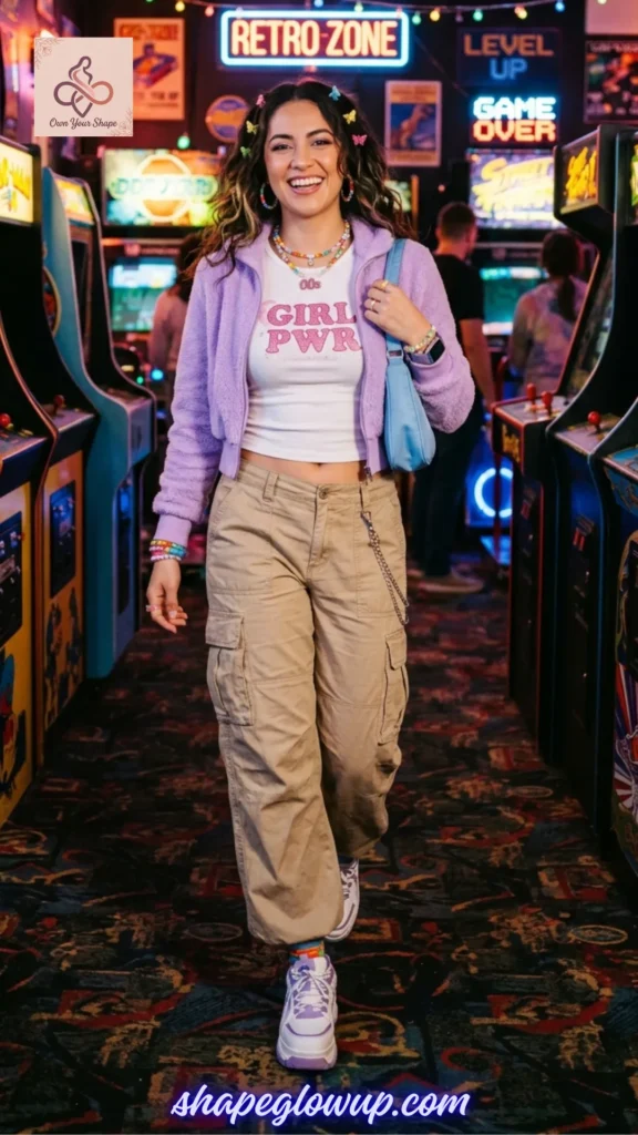 A smiling model in a retro arcade wearing a purple fuzzy jacket, white baby tee, and khaki cargo pants, representing The Ultimate Y2K Checklist: Baby Tees, Cargos & Mini Skirts.