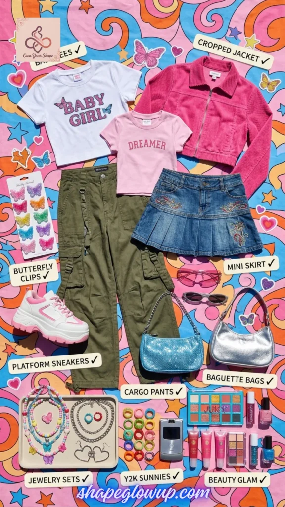A flatlay featuring The Ultimate Y2K Checklist: Baby Tees, Cargos & Mini Skirts, including graphic shirts, denim skirts, cargo pants, platform sneakers, butterfly clips, baguette bags, and colorful beauty accessories.