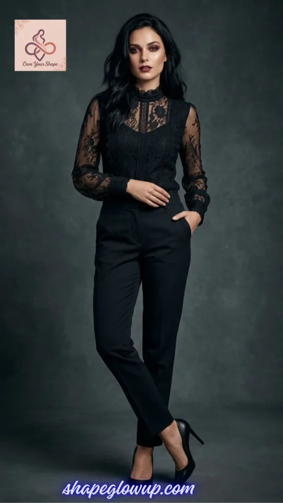 A model wearing a Victorian-inspired black lace blouse and tailored trousers for a 7 Vamp Romantic look.