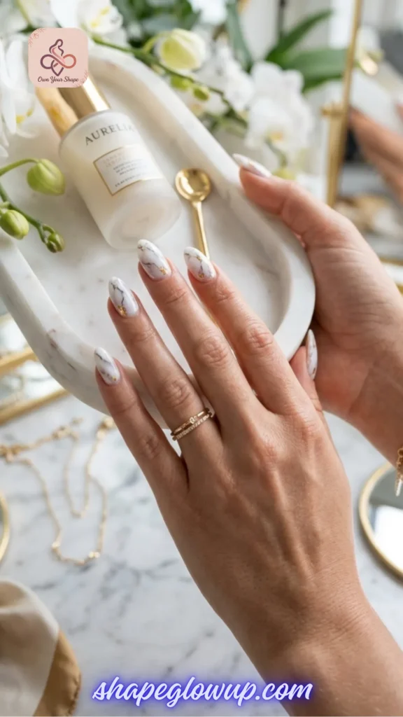 Viral Nail Trends: 7 Simple White Nail Designs You Need to Try - Elegant white marble nail design with gold accents.