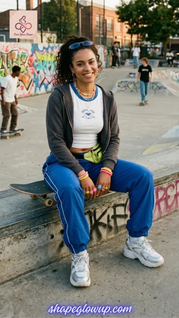 A model sitting at a skatepark wearing a baby tee, hoodie, and blue track pants, embodying The Ultimate Y2K Checklist: Baby Tees, Cargos & Mini Skirts.