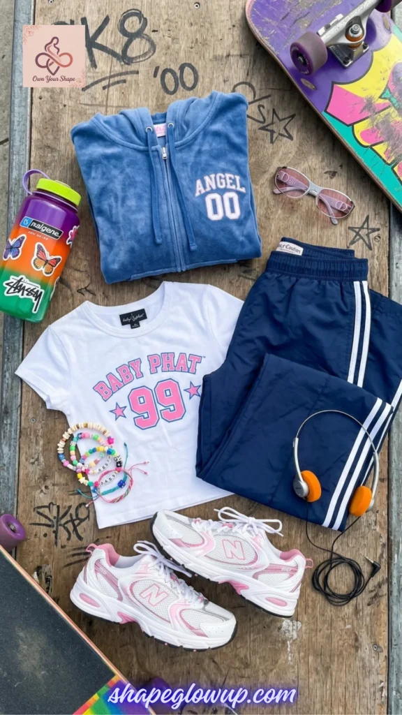 A flatlay for The Ultimate Y2K Checklist: Baby Tees, Cargos & Mini Skirts, displaying a blue velour zip-up hoodie, Baby Phat graphic tee, navy track pants, pink-accented sneakers, and a colorful water bottle.