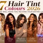 Banner showcasing a lineup of models with the 7 Hair Tint Colours 2026 That Will Make You Rethink Your Entire Look, including Mocha Espresso, Honey Vanilla Blonde, Cherry Cola, Mushroom Beige Brunette, Golden Caramel Melt, Soft Rose Brown, and Smoky Ash Brunette.