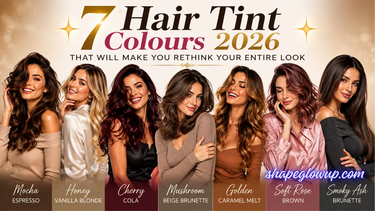 Banner showcasing a lineup of models with the 7 Hair Tint Colours 2026 That Will Make You Rethink Your Entire Look, including Mocha Espresso, Honey Vanilla Blonde, Cherry Cola, Mushroom Beige Brunette, Golden Caramel Melt, Soft Rose Brown, and Smoky Ash Brunette.