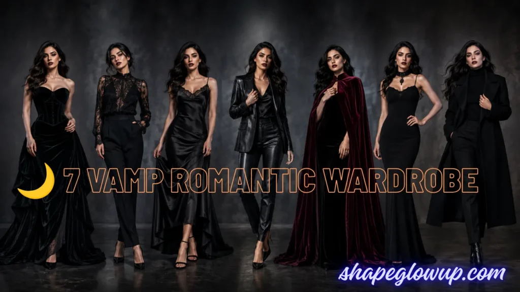 A composite image showing seven variations of a 'vamp romantic' style wardrobe, featuring the same woman modeling different elegant black and deep red outfits against a dark, moody grey background, with the text '7 VAMP ROMANTIC WARDROBE' in the center and 'shapeglowup.com' at the bottom right.