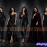 A composite image showing seven variations of a 'vamp romantic' style wardrobe, featuring the same woman modeling different elegant black and deep red outfits against a dark, moody grey background, with the text '7 VAMP ROMANTIC WARDROBE' in the center and 'shapeglowup.com' at the bottom right.